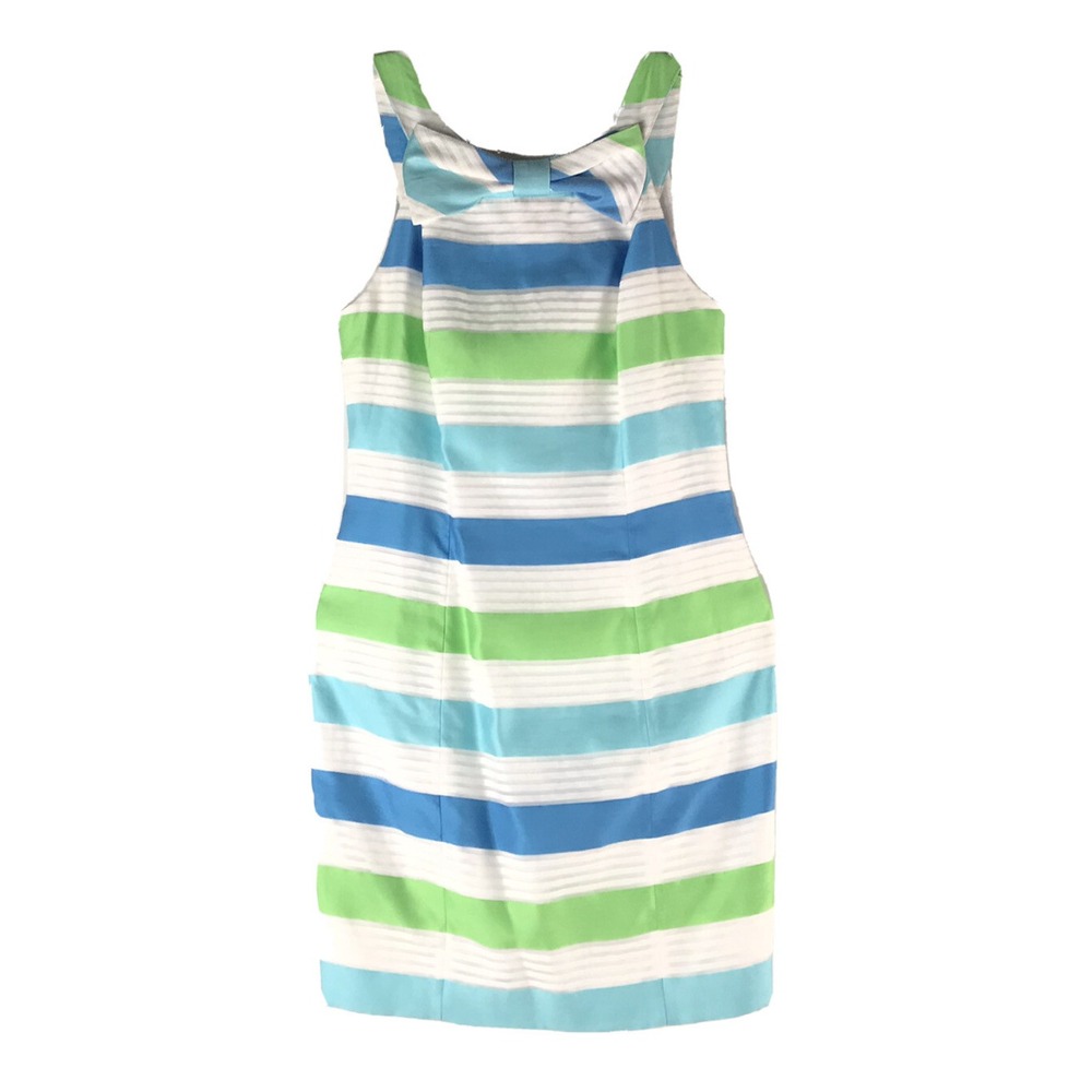 Lilly Pulitzer Henley Silk Blend Striped Bow Sheath Dress Blue Green White 00